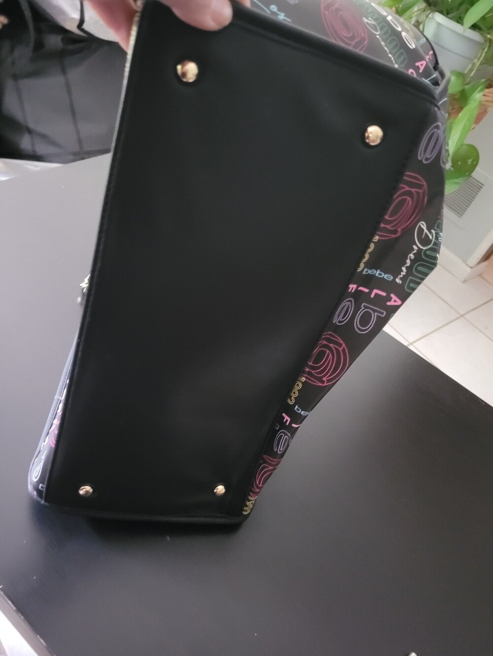 bebe Black Tote with Multicolor Logo Print and Gold Chain Handles - Picture 8 of 9
